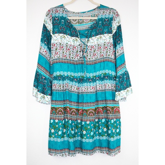 Floral/Paisley/Aztec Lace-Up Boho Dress NWOT - Picture 2 of 8